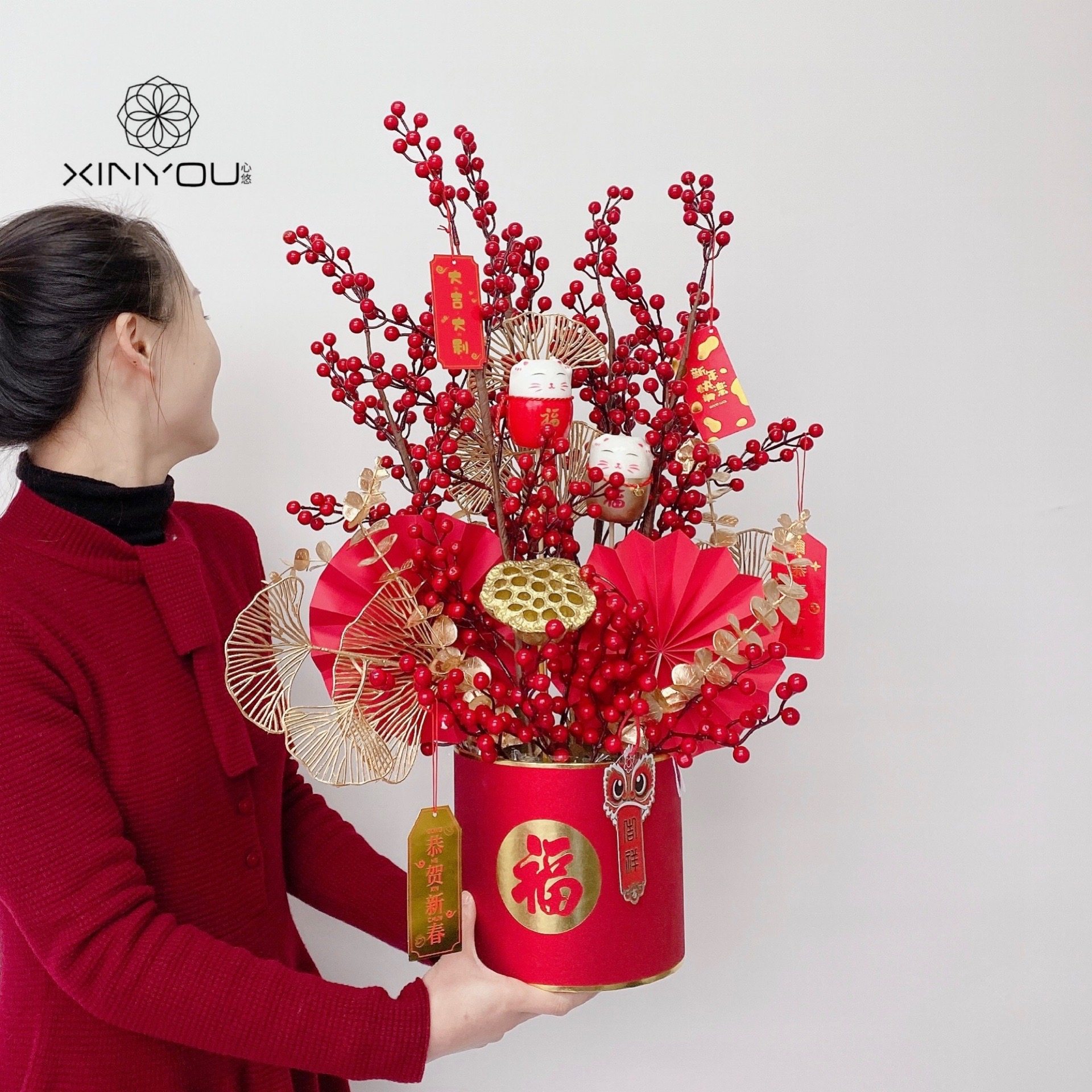 福桶配套材料包新春过年喜庆家居客厅装扮冬青年宵花桶抱抱桶套装