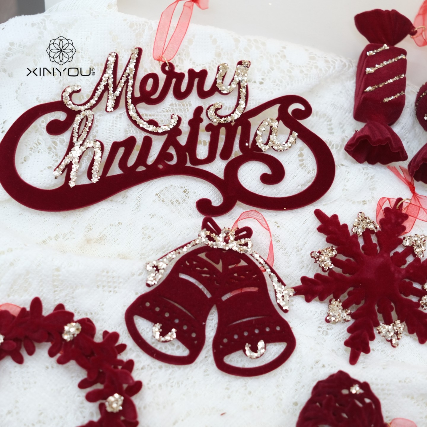 圣诞节酒红植绒挂件圣诞树装饰品