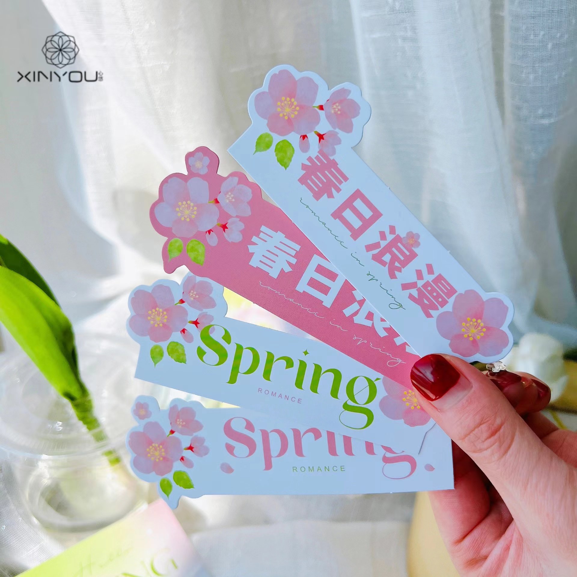 春天spring长贺卡春日浪漫粉色樱花春天踏青花束甜品奶茶装饰卡片