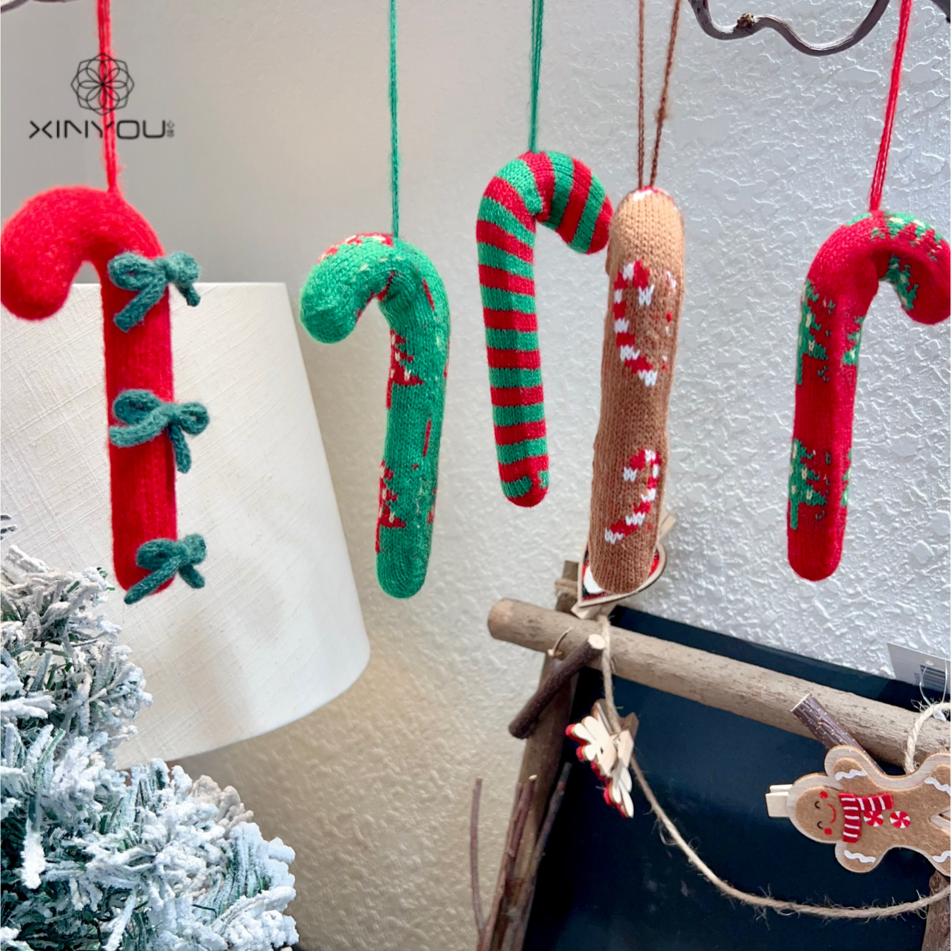 心悠圣诞节立体针织拐杖装饰挂件