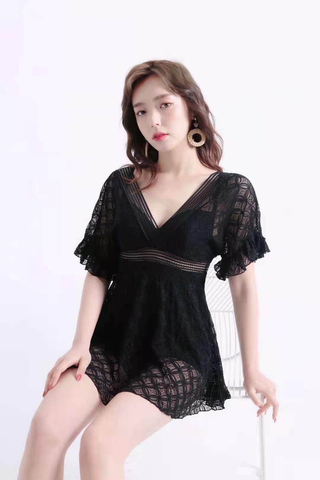 采菲正品新女士加肥加大裙摆连体游泳衣保守显瘦遮肚温泉度假泳装