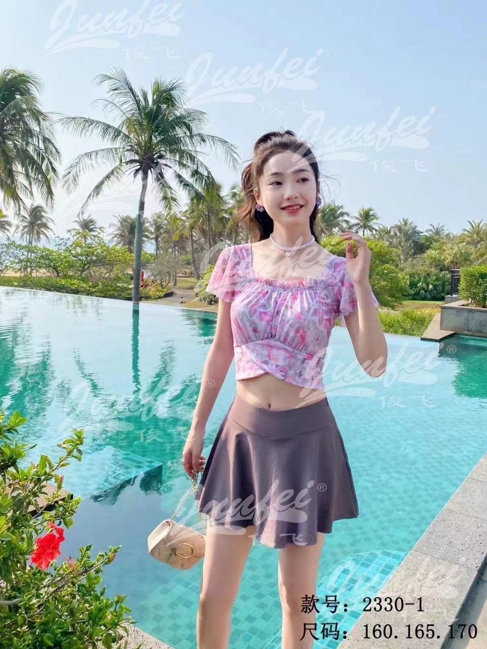 俊飞泳衣女分体裙式仙女范超仙甜美少女显瘦钢托聚拢黑色女生泳装