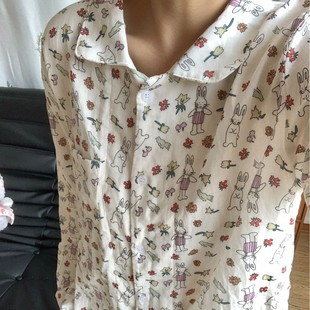 A类全棉纯棉双层纱布长袖 卡通花花小兔 睡衣女春夏秋季 家居服套装
