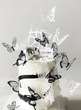 女王节网红唯美黑色系蝴蝶亚克力插件甜品派对装扮 生日蛋糕装饰