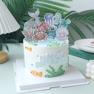 网红海洋世界海洋蛋糕闪粉双面鲸鱼海豚鱼尾插件派对生日蛋糕装饰