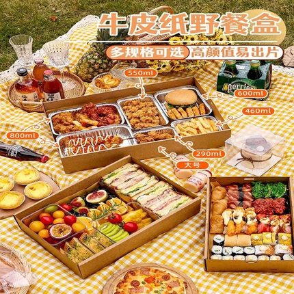 春游野餐盒户外出游露营寿司便当盒网红一次性牛皮纸水果打包盒子