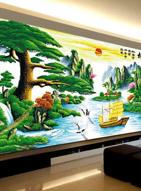 流水生财迎客松财运版钻石画点钻十字绣客厅新款客厅风景砖秀满钻
