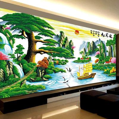 流水生财迎客松财运版钻石画点钻十字绣客厅新款客厅风景砖秀满钻