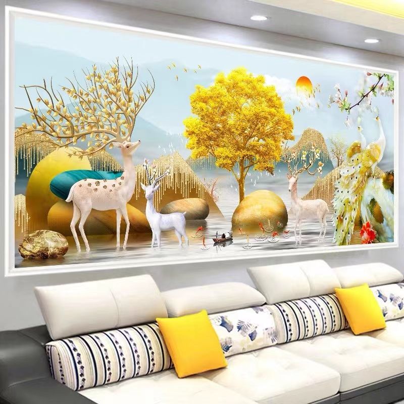 2024满钻新款客厅山水风景5D钻石画手工钻石贴画十字绣麋鹿孔雀