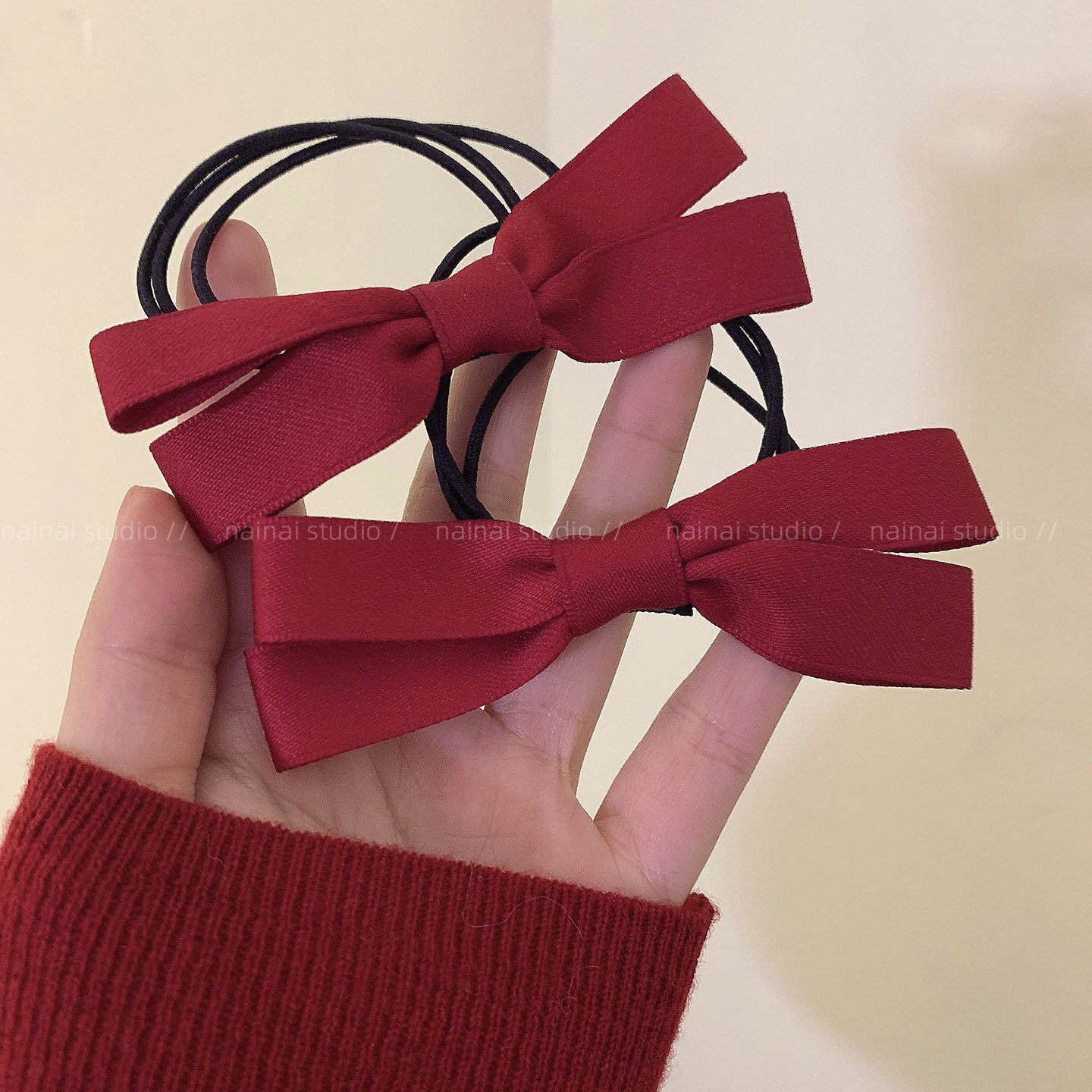 红色蝴蝶结发圈2只装~新年款扎头发橡皮筋过年喜庆复古头绳发绳A