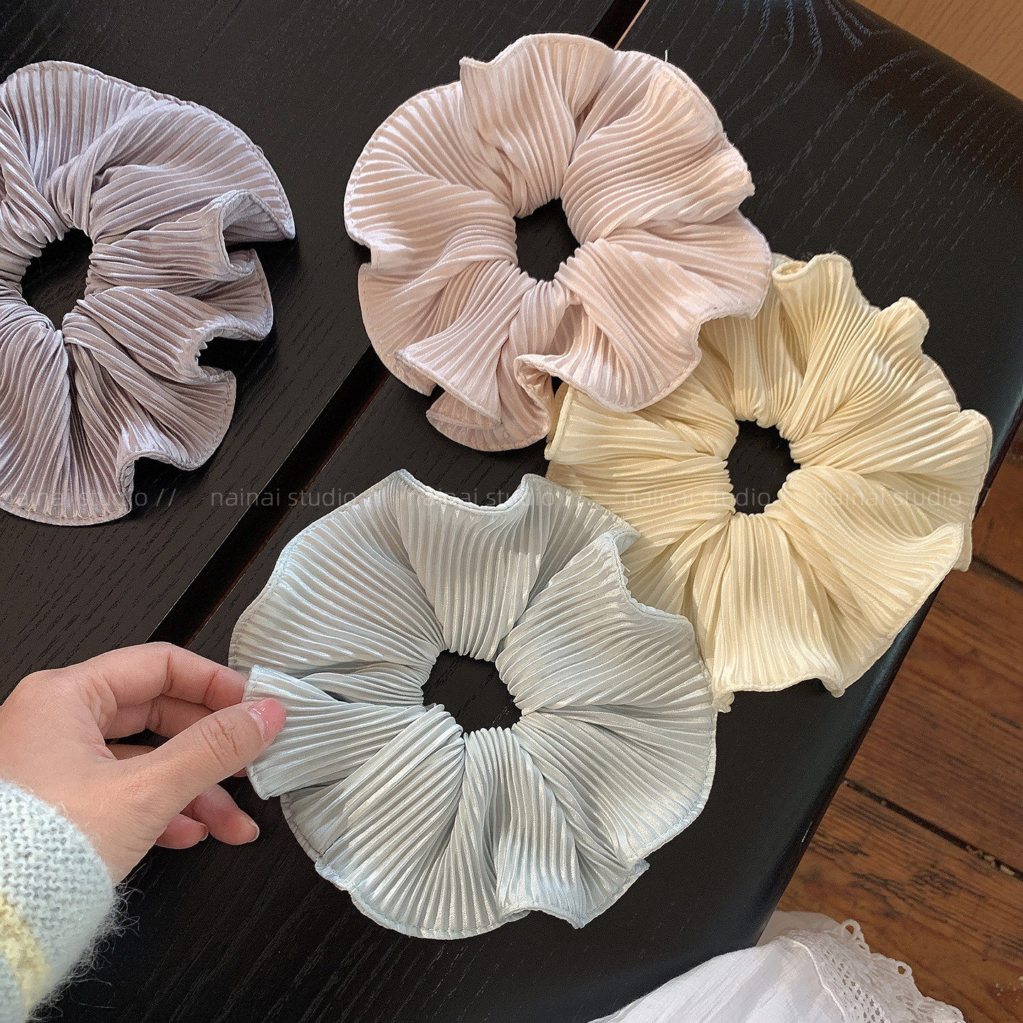 早春新款~彩色褶皱大肠发圈粉色小清新甜美少女心马尾发绳头绳女