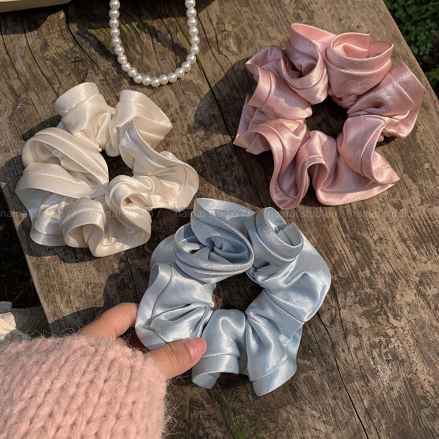 缎面花苞大肠发圈~珠光粉色丸子头低马尾发绳韩系ins高级感头绳女