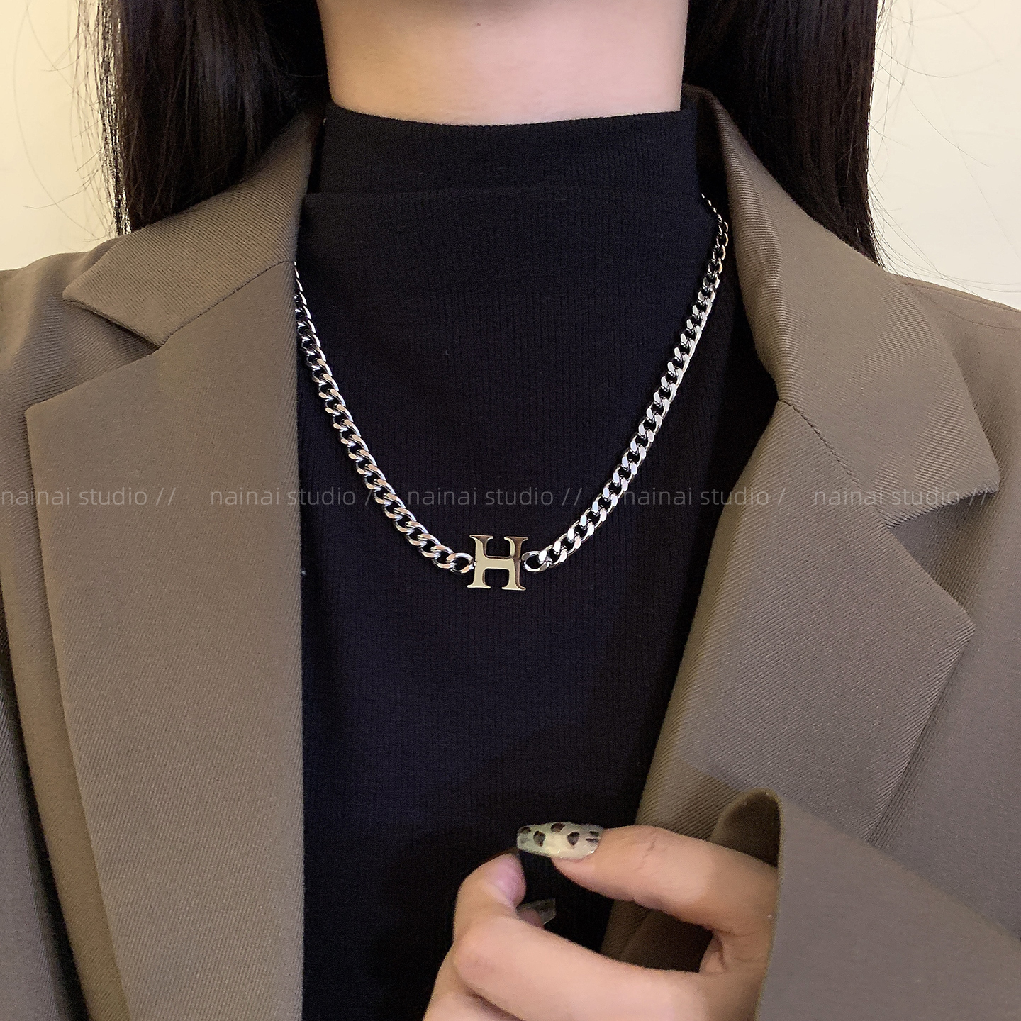 字母H项链~钛钢不掉色粗链中性ins小众设计冷淡风嘻哈毛衣卫衣链A