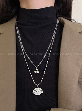 樱桃小丸子项链~钛钢不掉色！叠戴双层卡通卫衣链甜酷小众卫衣链A