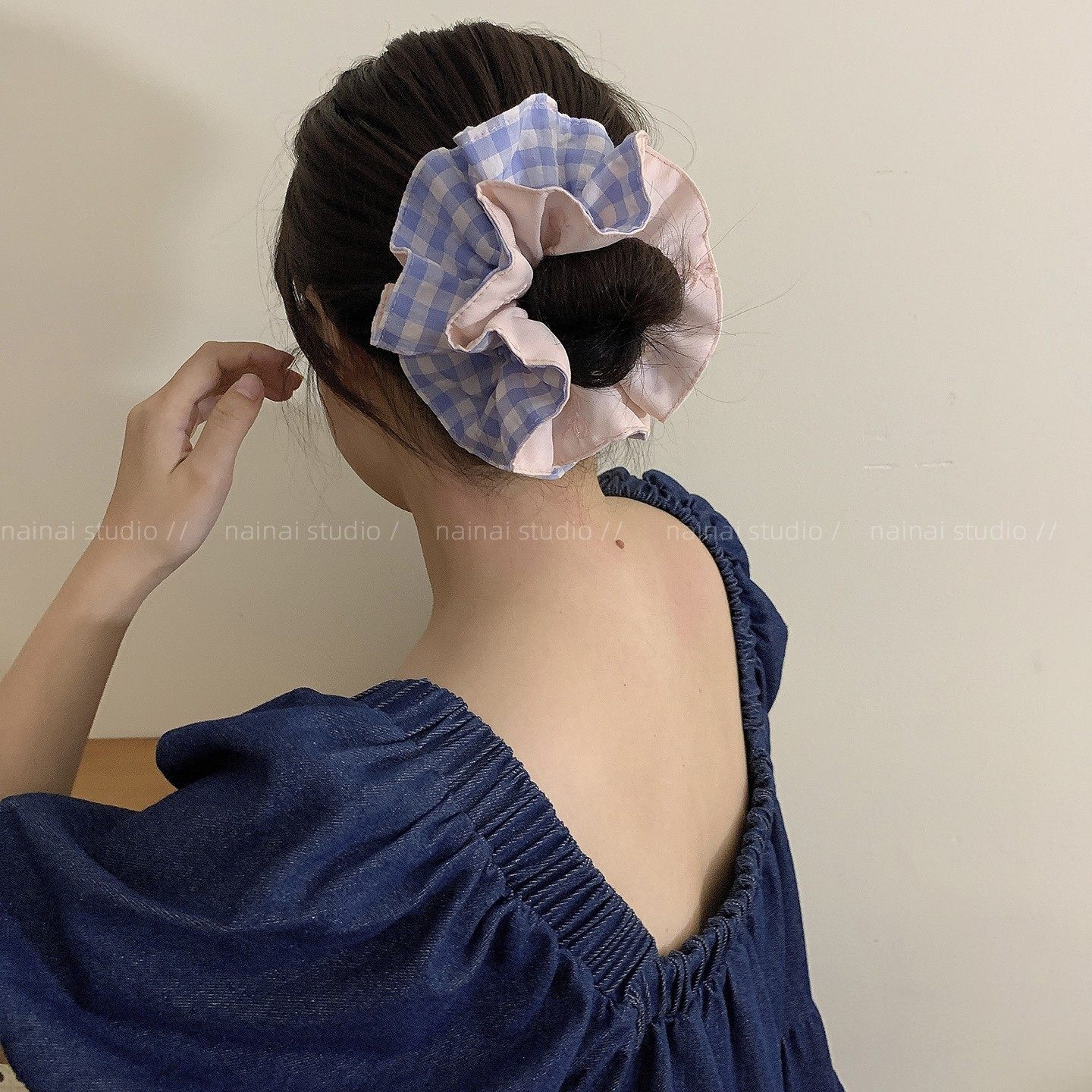 粉色+蓝色格子大肠发圈~刺绣蝴蝶结少女心撞色丸子头发绳韩国头绳