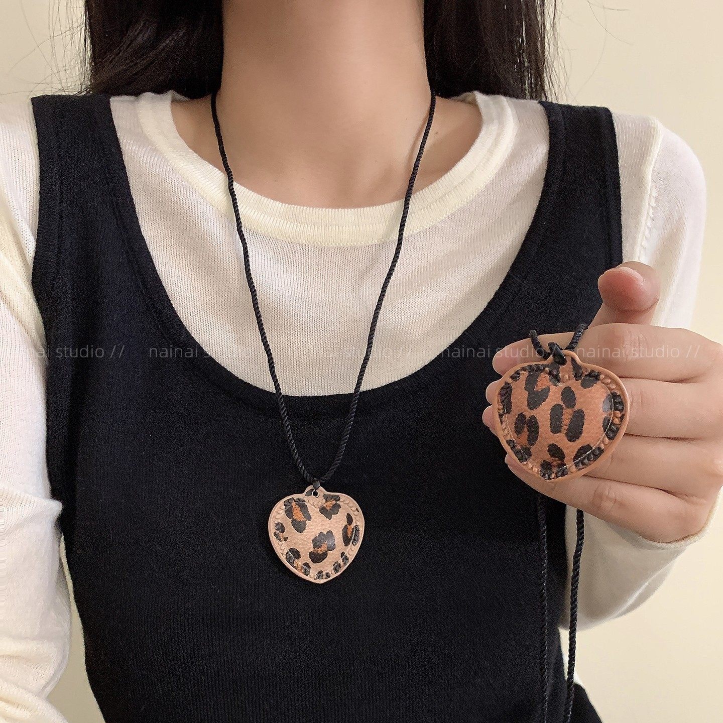 fever同款豹纹爱心项链~挂脖毛衣链ins风韩系高级感卫衣链配
