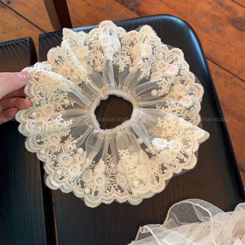 珍珠蕾丝大肠发圈~白色超仙刺绣温柔花边低丸子发绳头绳扎发头花