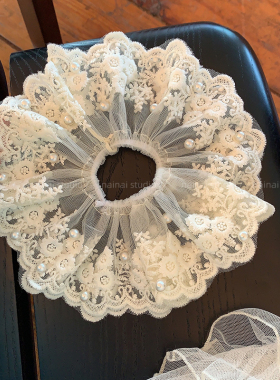 珍珠蕾丝大肠发圈~白色超仙刺绣温柔花边低丸子发绳头绳扎发头花