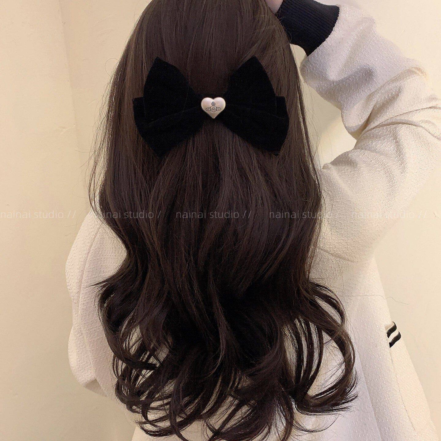 爱心土星发夹~哑光银色丝绒蝴蝶结高级感复古法式抓夹发绳发饰女