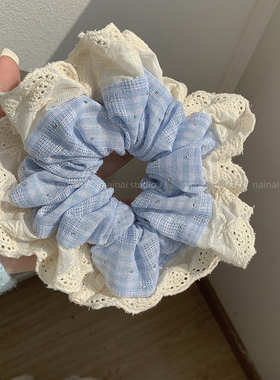 大号高版本！蓝色大肠发圈 ~芭蕾风奶油格子发绳头绳少女发饰头饰