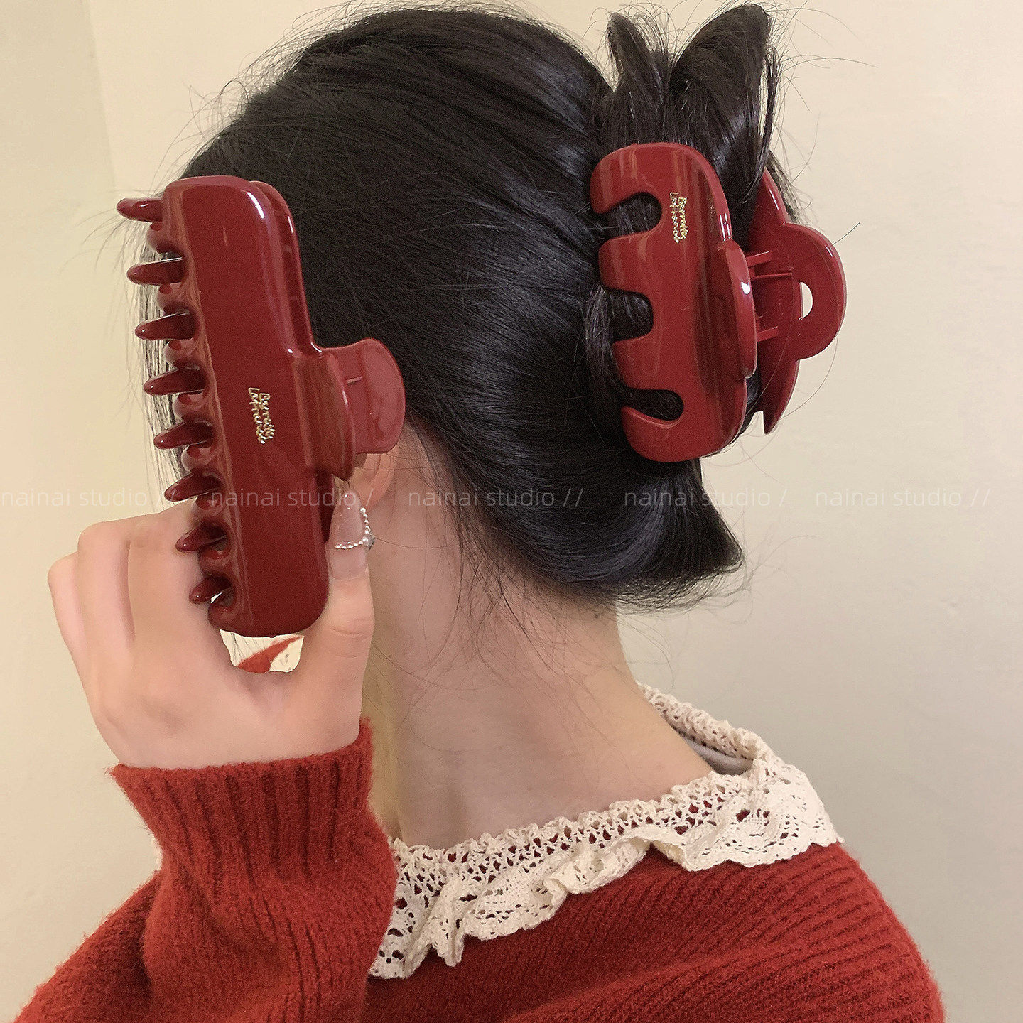 红色金标抓夹~高级感新年韩系ins风后脑勺盘发鲨鱼夹发卡发爪发饰