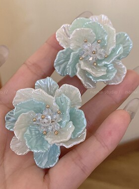 湖绿色！山茶花耳钉超仙少女心耳环2026秋冬新款气质甜美耳饰A