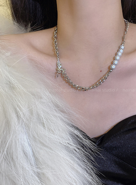 反光珍珠项链~甜酷辣妹锁骨链小众设计感轻奢配饰拼接嘻哈颈链女A