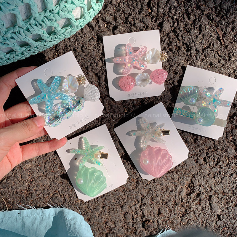 海星贝壳发夹2只装~薄荷绿海边度假风侧边夹凹造型拍照刘海夹发饰