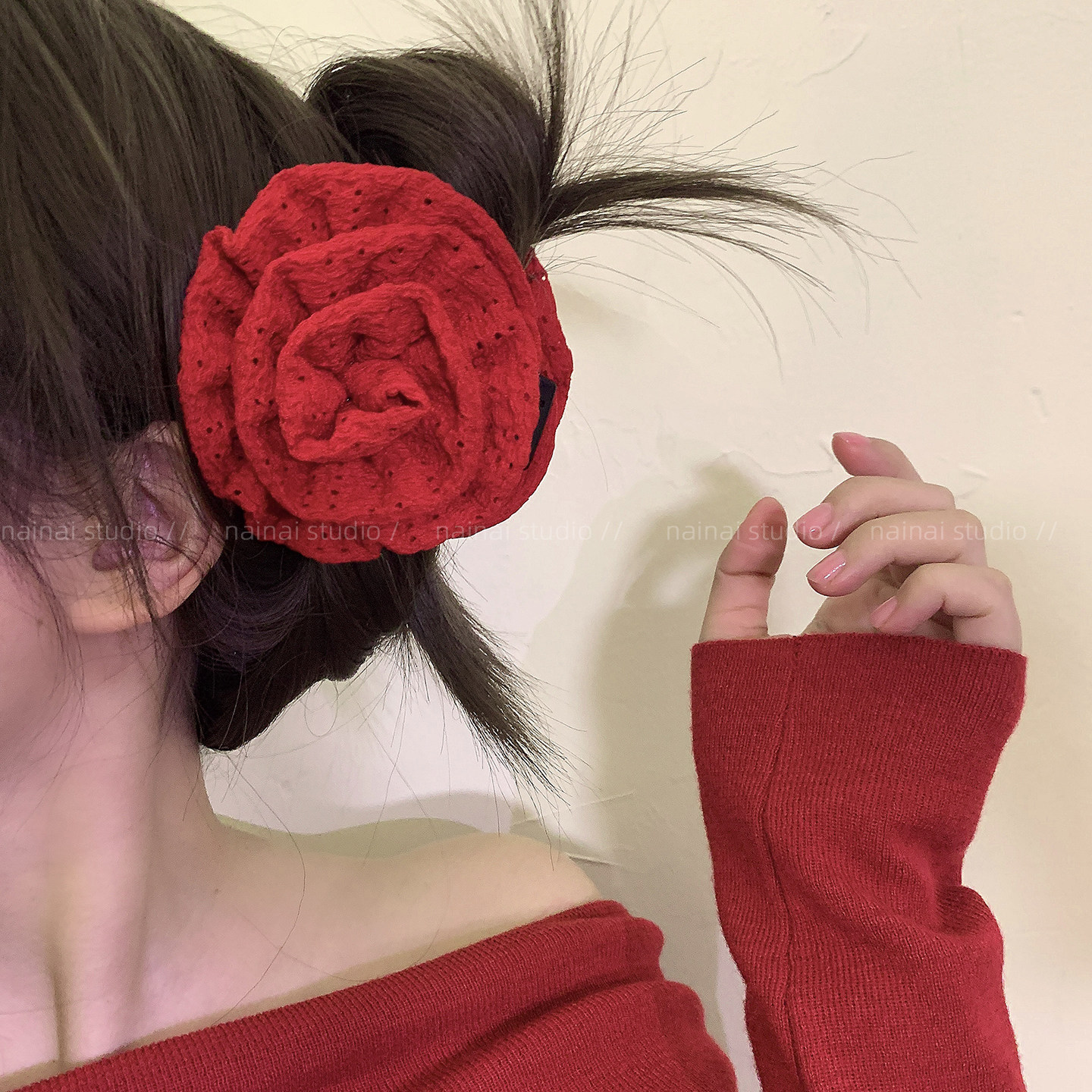 红色玫瑰花抓夹~明艳大美女！新年花朵后脑勺盘发鲨鱼夹发夹发抓