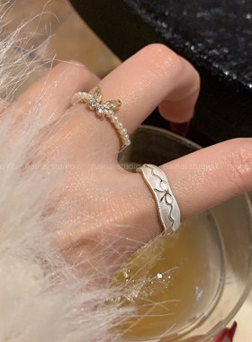 超仙白色滴釉戒指~锆石蝴蝶结食指戒2025早春新款高级感珍珠指环