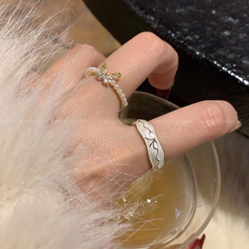 超仙白色滴釉戒指~锆石蝴蝶结食指戒2025早春新款高级感珍珠指环