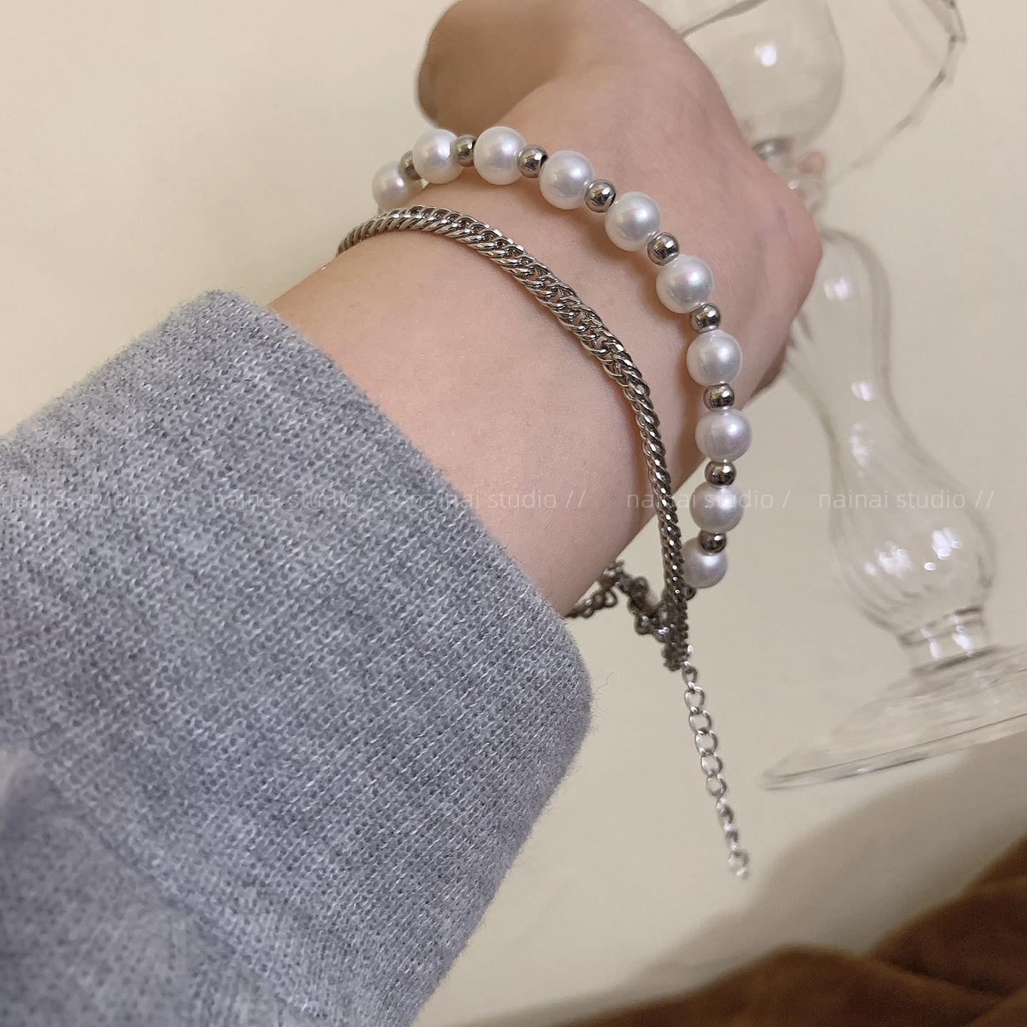 珍珠双层手链~钛钢不掉色！冷淡风小众设计高级感手饰手镯配饰女A