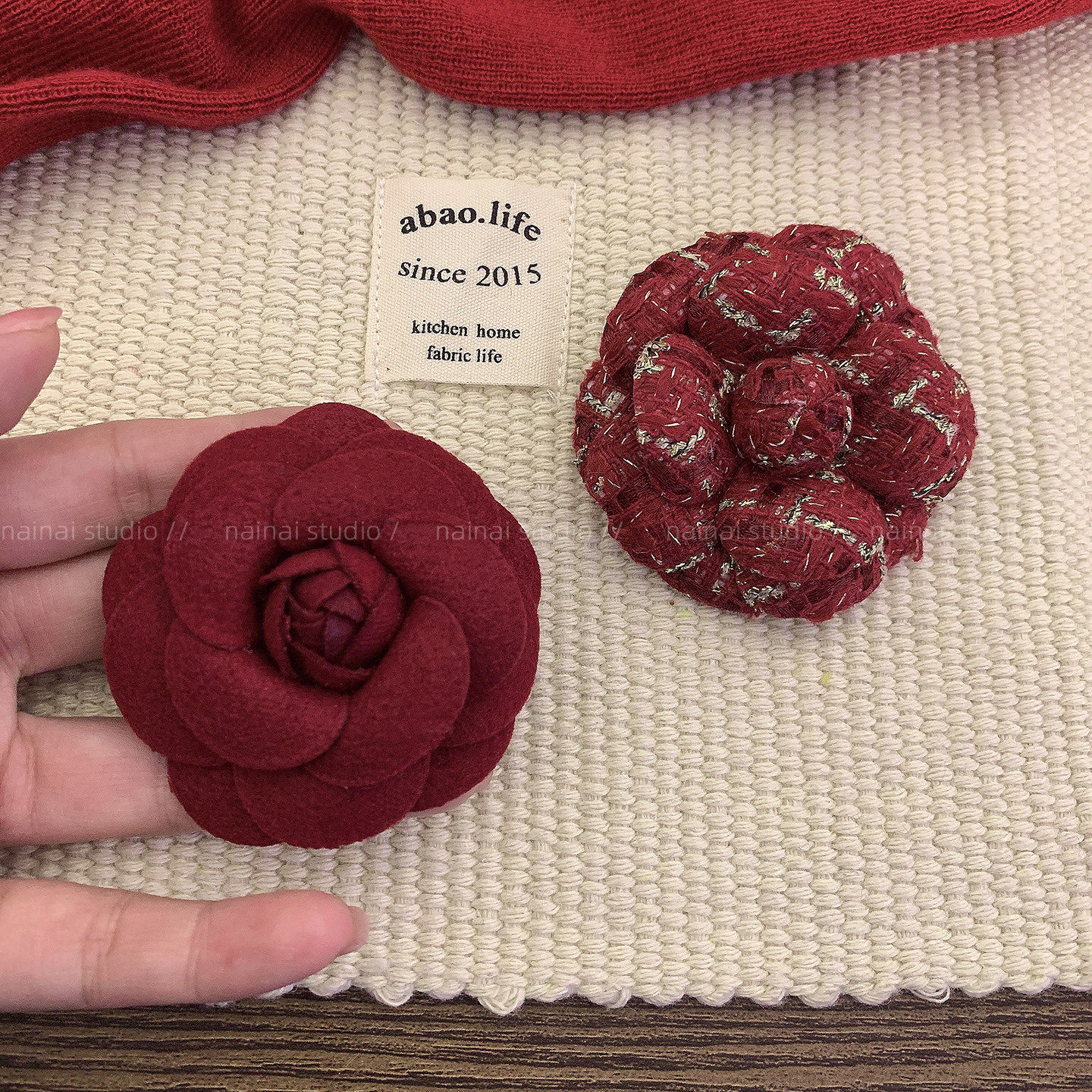 红色山茶花胸针~立体花朵粗花呢小香风复古法式大衣外套别针胸花A