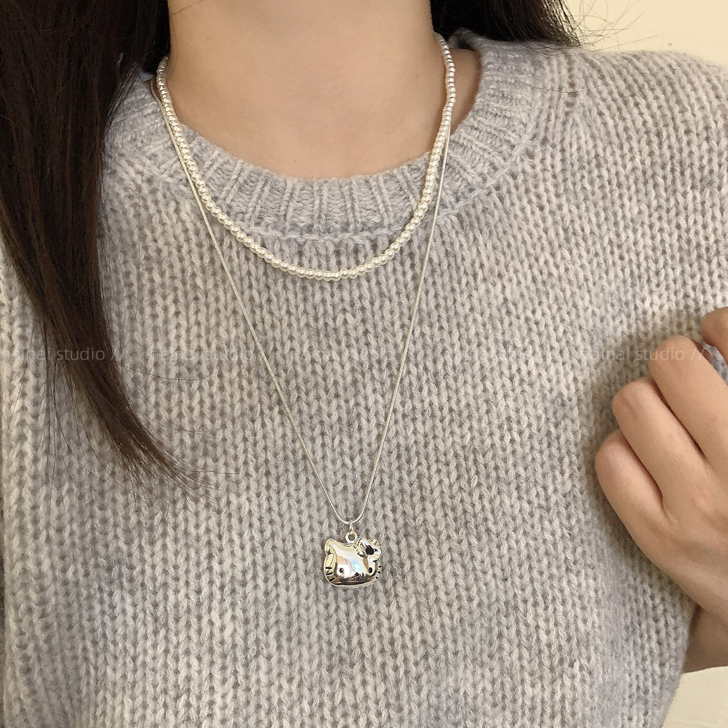 KT抽拉项链~珍珠双层Kitty猫咪长款毛衣链卫衣链叠戴小众配饰女秋