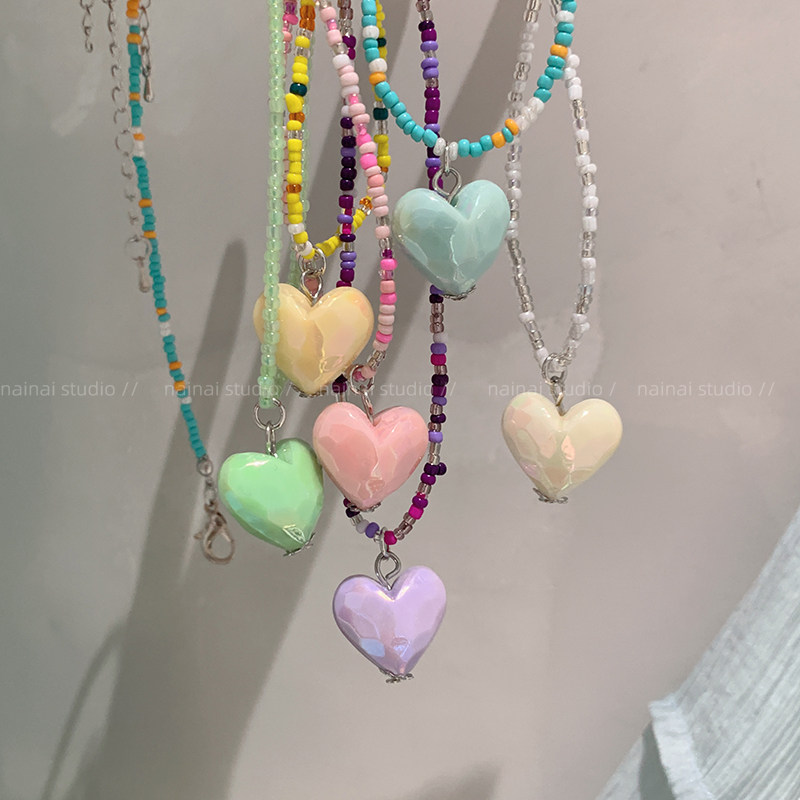 爱心串珠项链~马卡龙色韩系ins风少女韩系甜美锁骨链颈链蓝色配饰