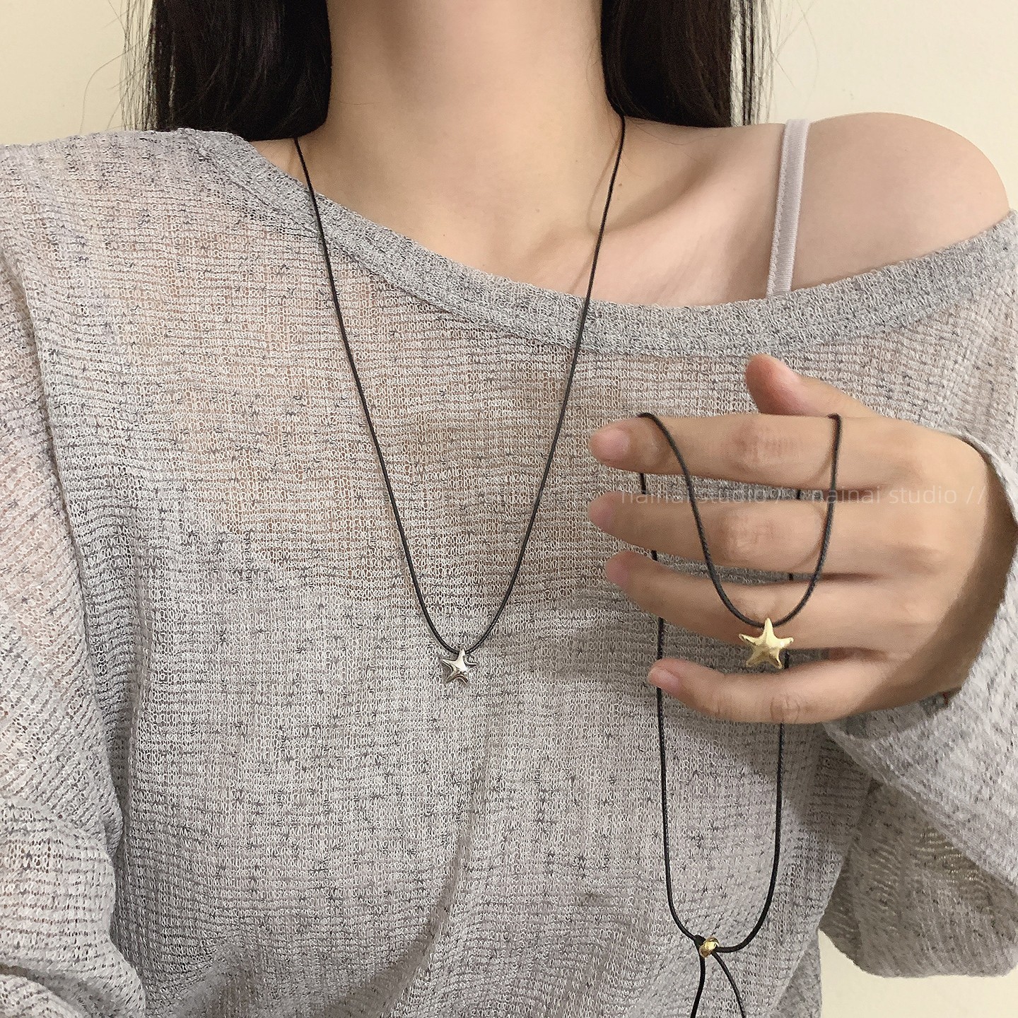 黑绳星星项链~抽拉可调节韩国ins风小众设计五角星卫衣链毛衣链女