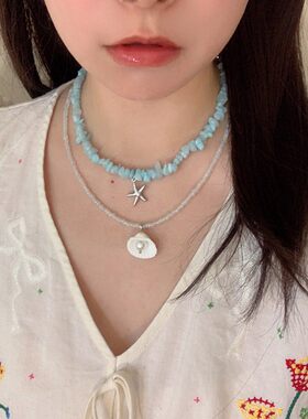 蓝色海星贝壳项链~双层叠戴碎石珍珠锁骨链海边度假风颈链配饰夏