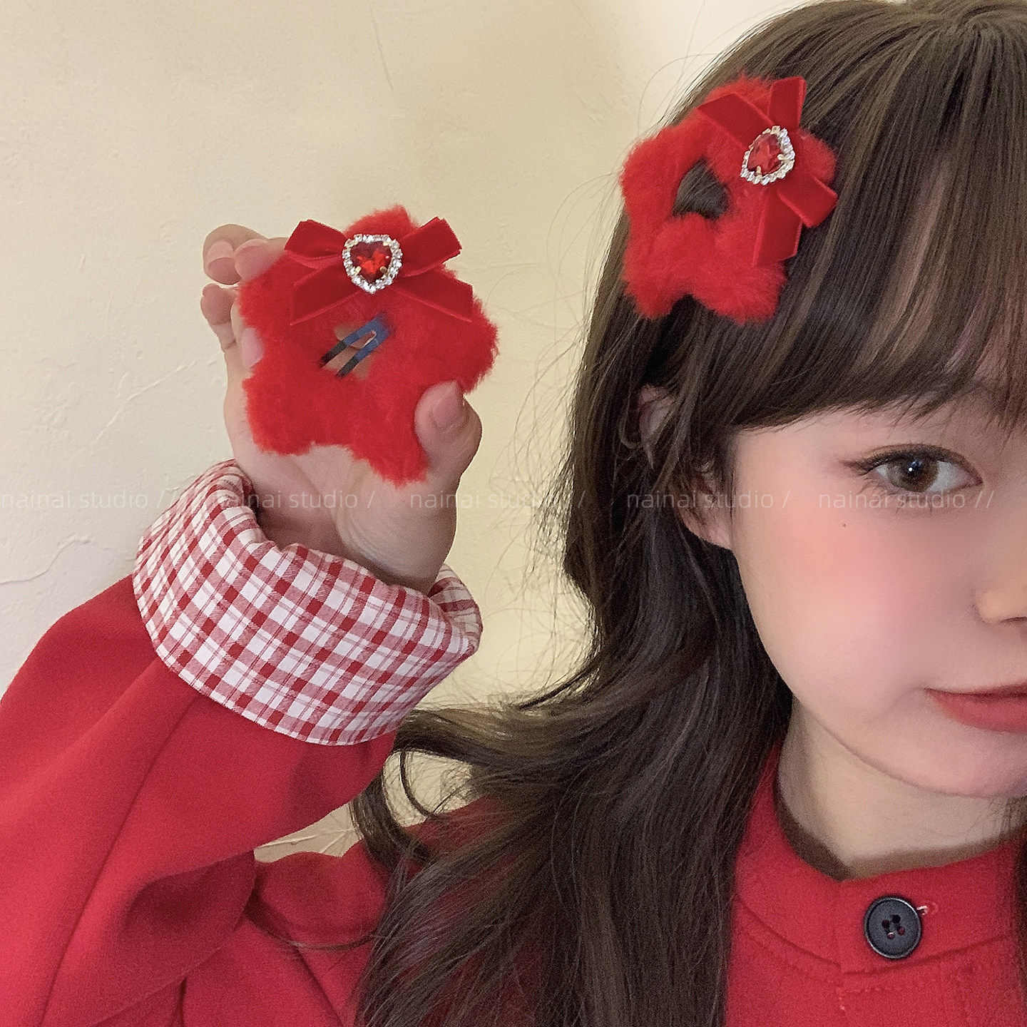 红色星星发夹2只装~新年毛绒蝴蝶结爱心侧边夹刘海夹发饰头饰女A