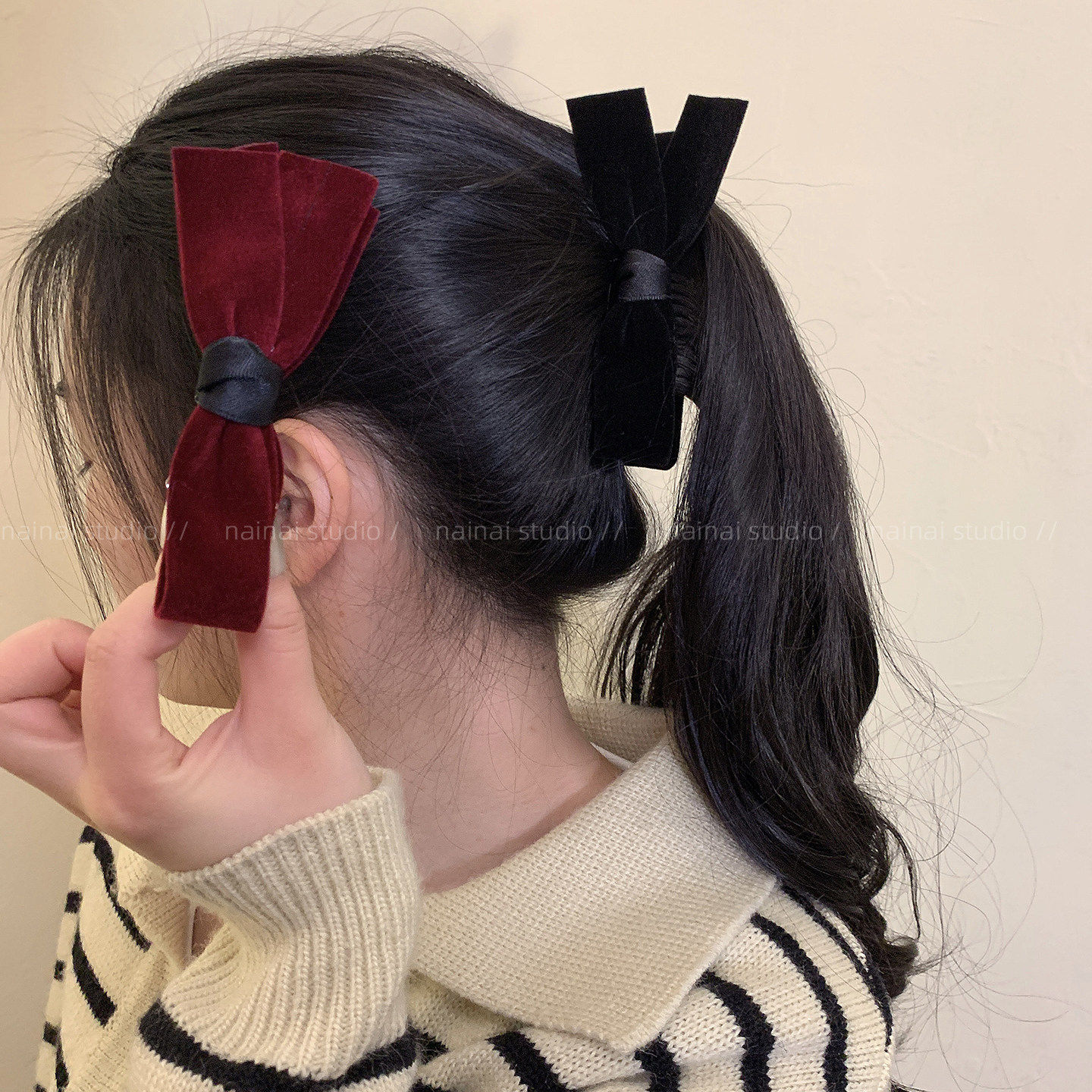 丝绒黑色红色竖夹~复古法式蝴蝶结后脑勺盘发香蕉夹发夹扭扭夹女