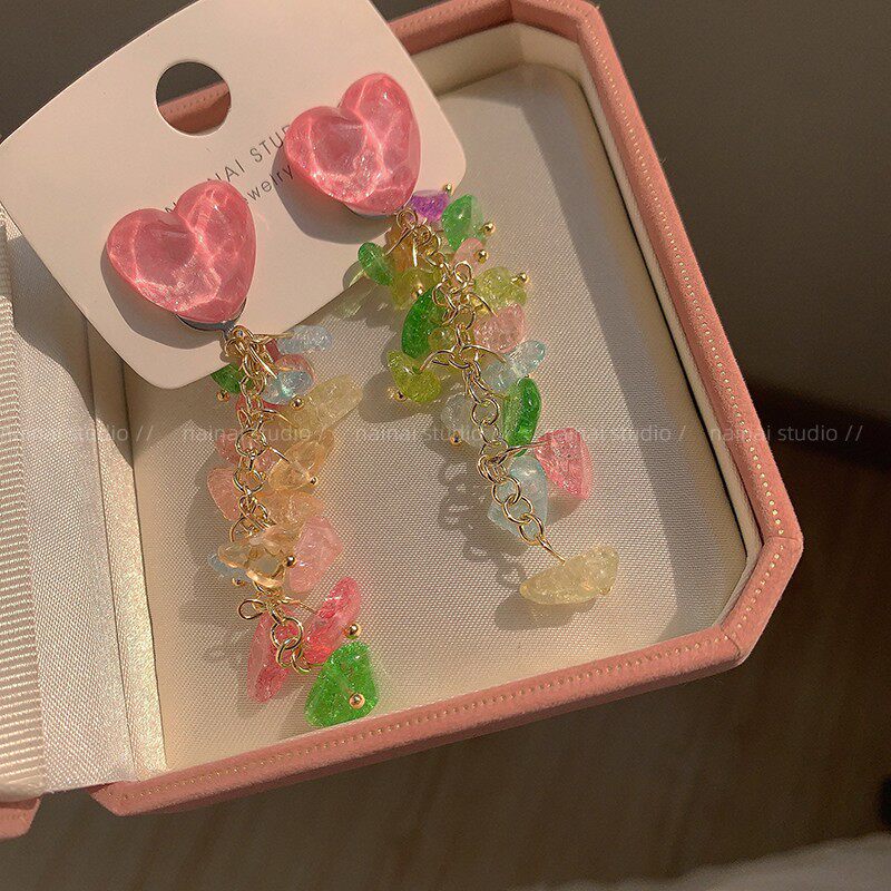 爱心串珠流苏耳钉~粉色水晶长款碎石度假风耳环甜美少女法式耳饰