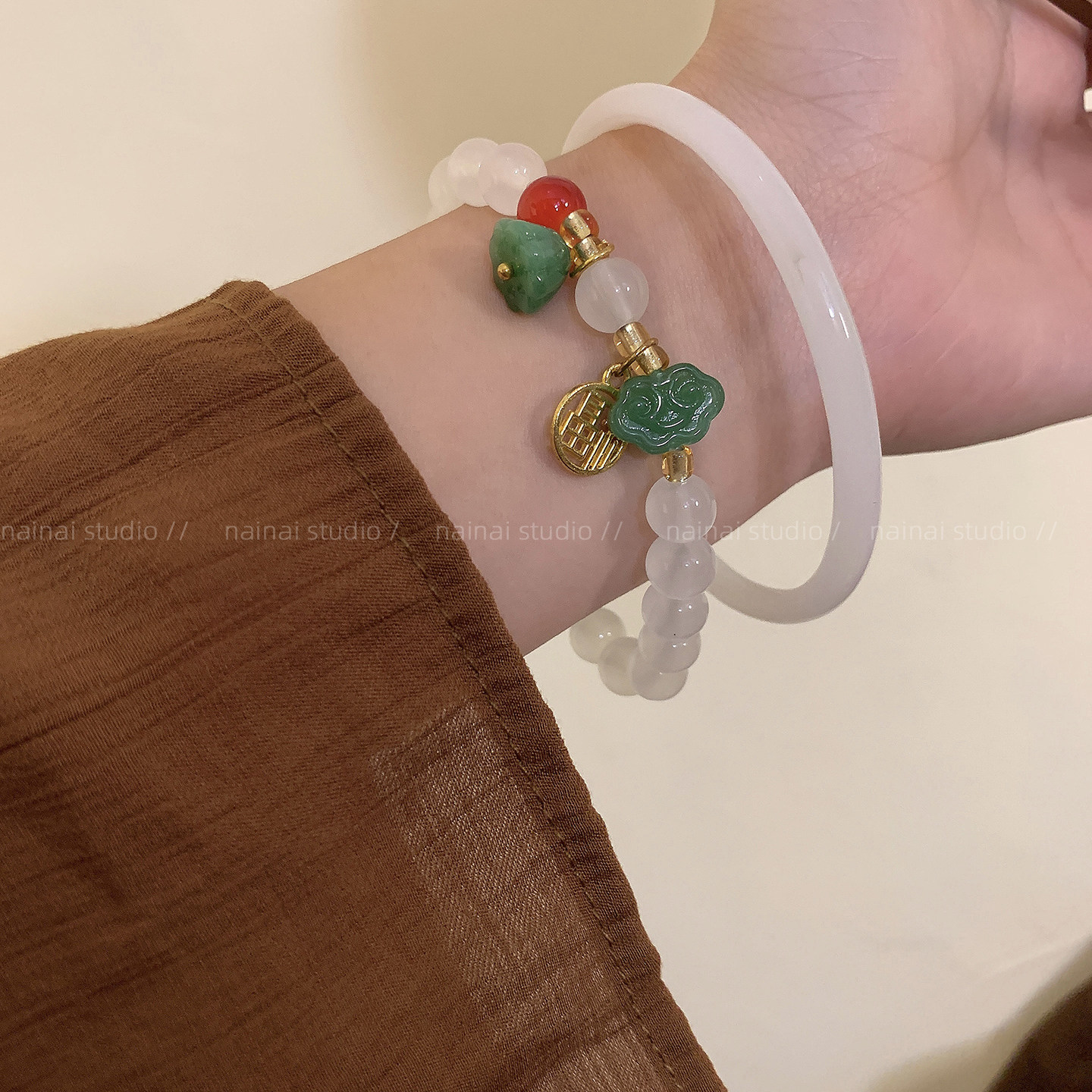 新中式手镯+手链~2只装！复古民族风串珠如意平安锁莲蓬手饰手串A