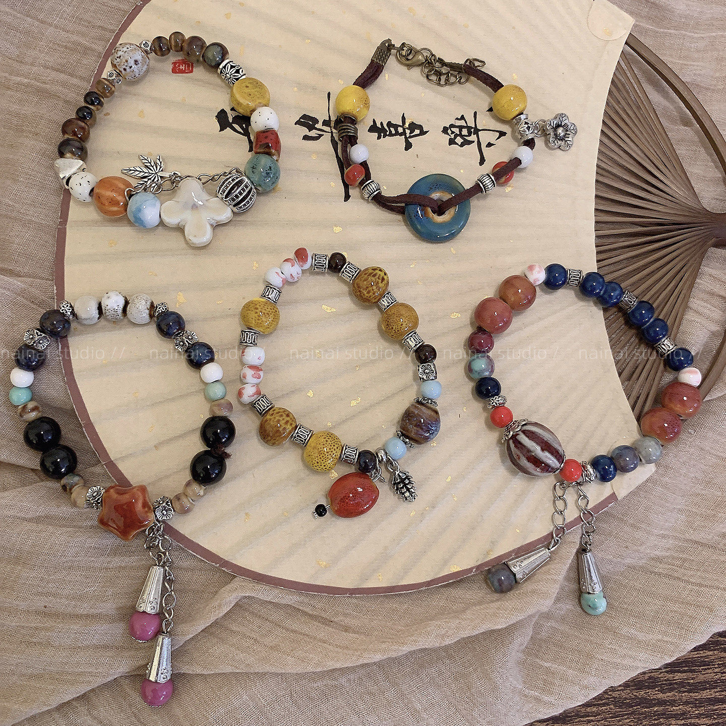 民族风手链~陶瓷新中式复古禅意国风弹力手饰串珠手串小众手绳女A