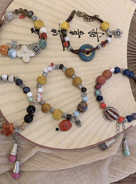 民族风手链~陶瓷新中式复古禅意国风弹力手饰串珠手串小众手绳女A