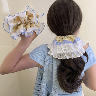 蓝黄撞色大肠发圈~蕾丝花边韩系ins风丸子头发绳低马尾波点头绳女