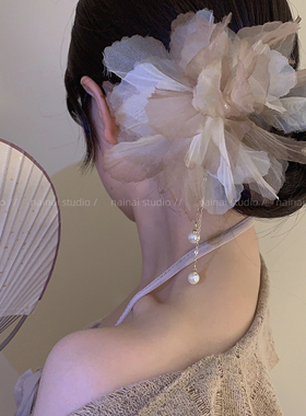 枯叶蝶发簪~高版本！复古雪纺花朵珍珠流苏U形发钗新中式发饰盘发