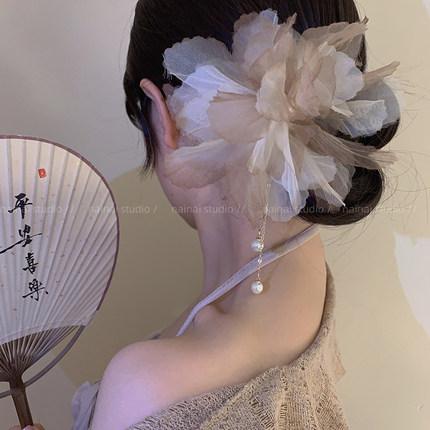 枯叶蝶发簪~高版本！复古雪纺花朵珍珠流苏U形发钗新中式发饰盘发