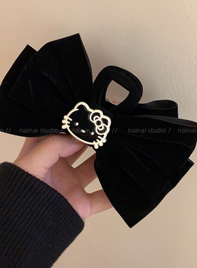 黑色KT抓夹~丝绒蝴蝶结复古法式卡通猫咪后脑勺盘发鲨鱼夹发饰女