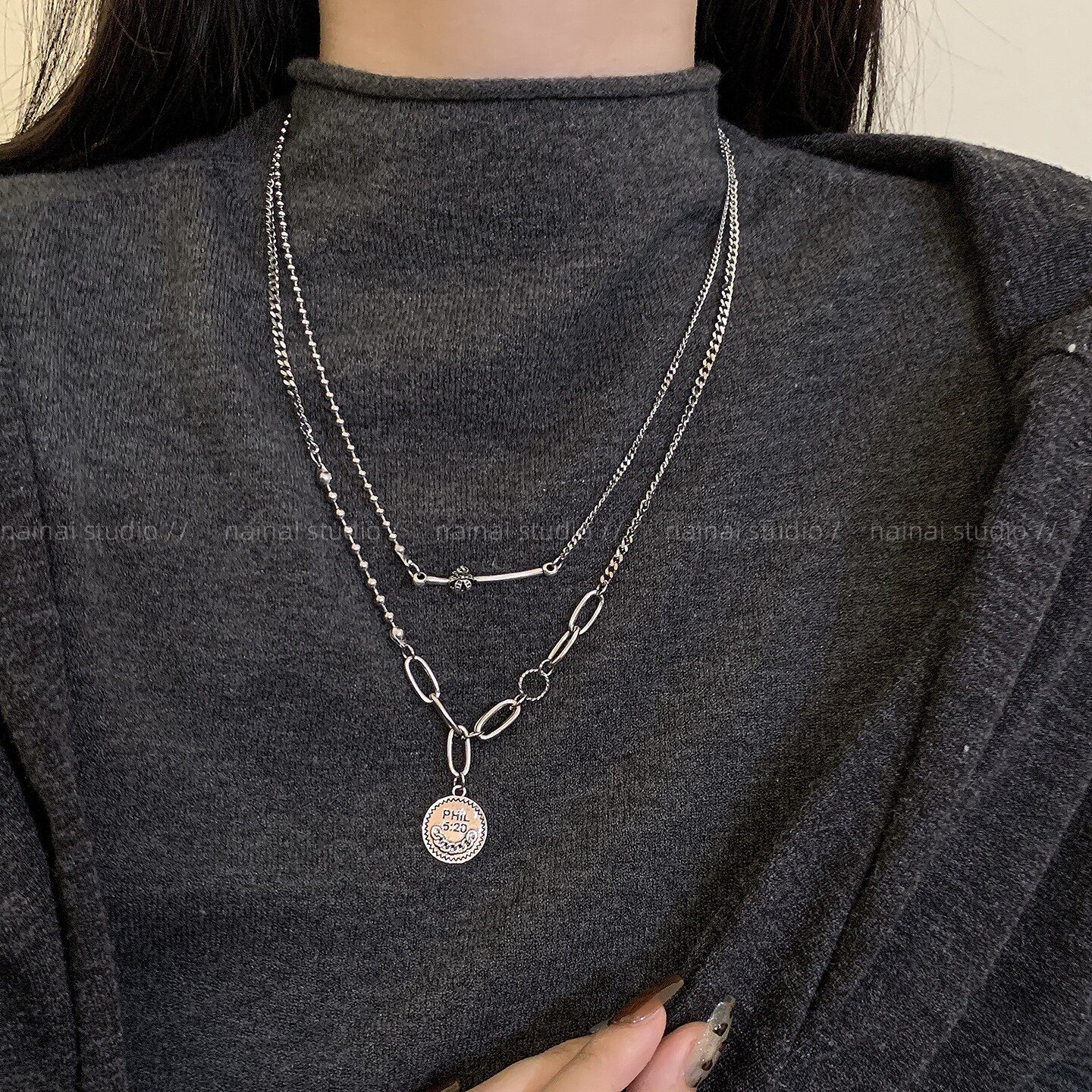 双层项链~韩国ins叠戴圆盘吊坠锁骨链2025秋季新款毛衣链卫衣