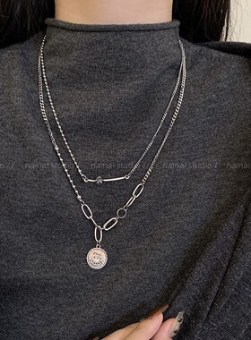 双层项链~韩国ins叠戴圆盘吊坠锁骨链2025秋季新款毛衣链卫衣链A