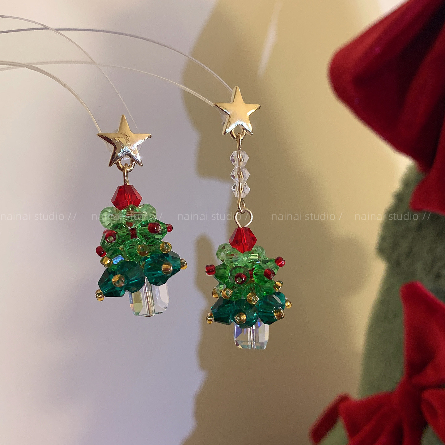 圣诞树耳钉~圣诞节水晶不对称耳环节日氛围感小众设计高级感耳饰A